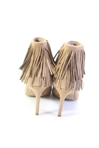 B Brian Atwood Womens Leather Fringe Trim Pointed Toe Ankle Boot Beige Size 7