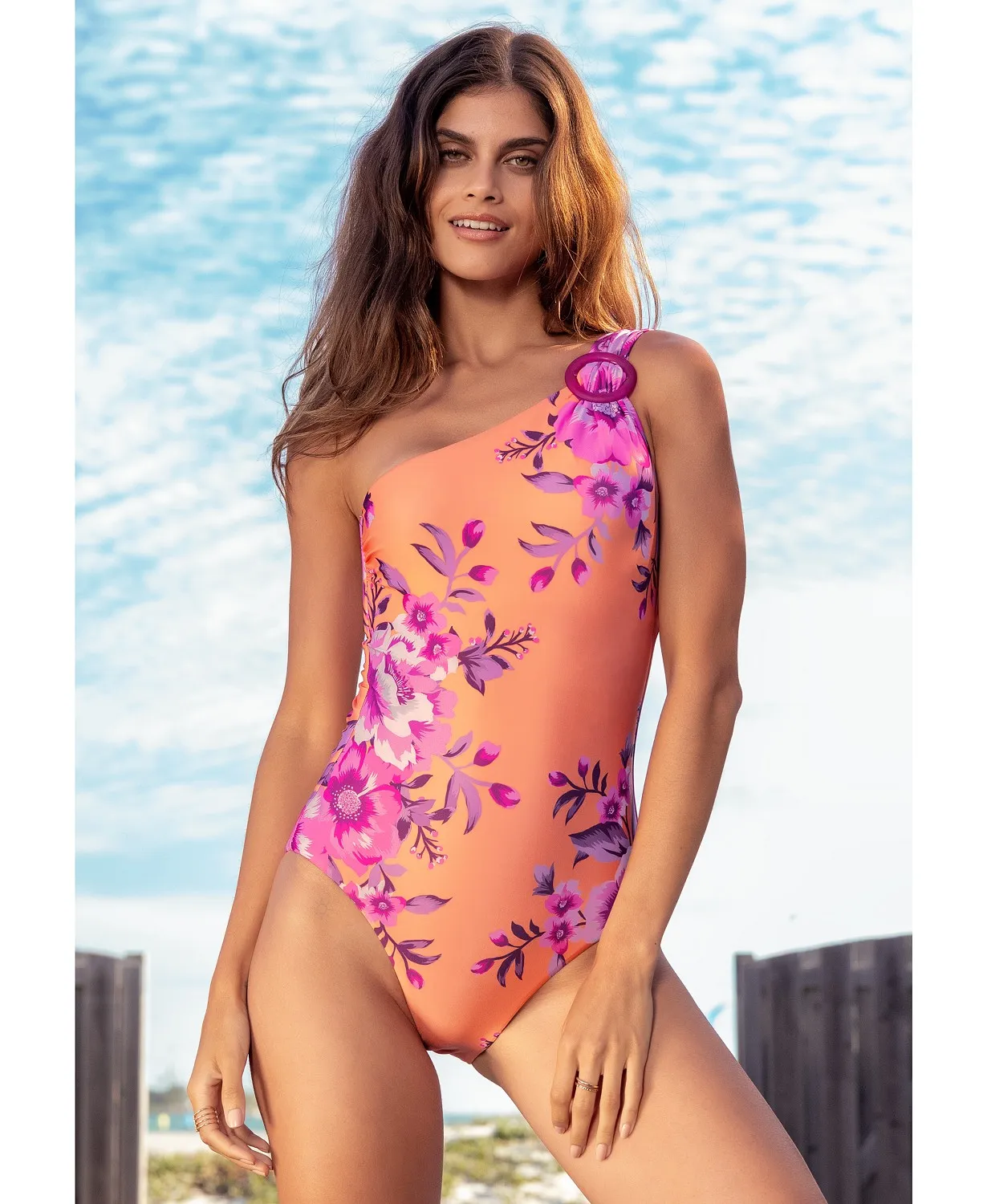 Becca Women’s Orange Bloom Arabella Asymmetrical One-Piece Swimsuit