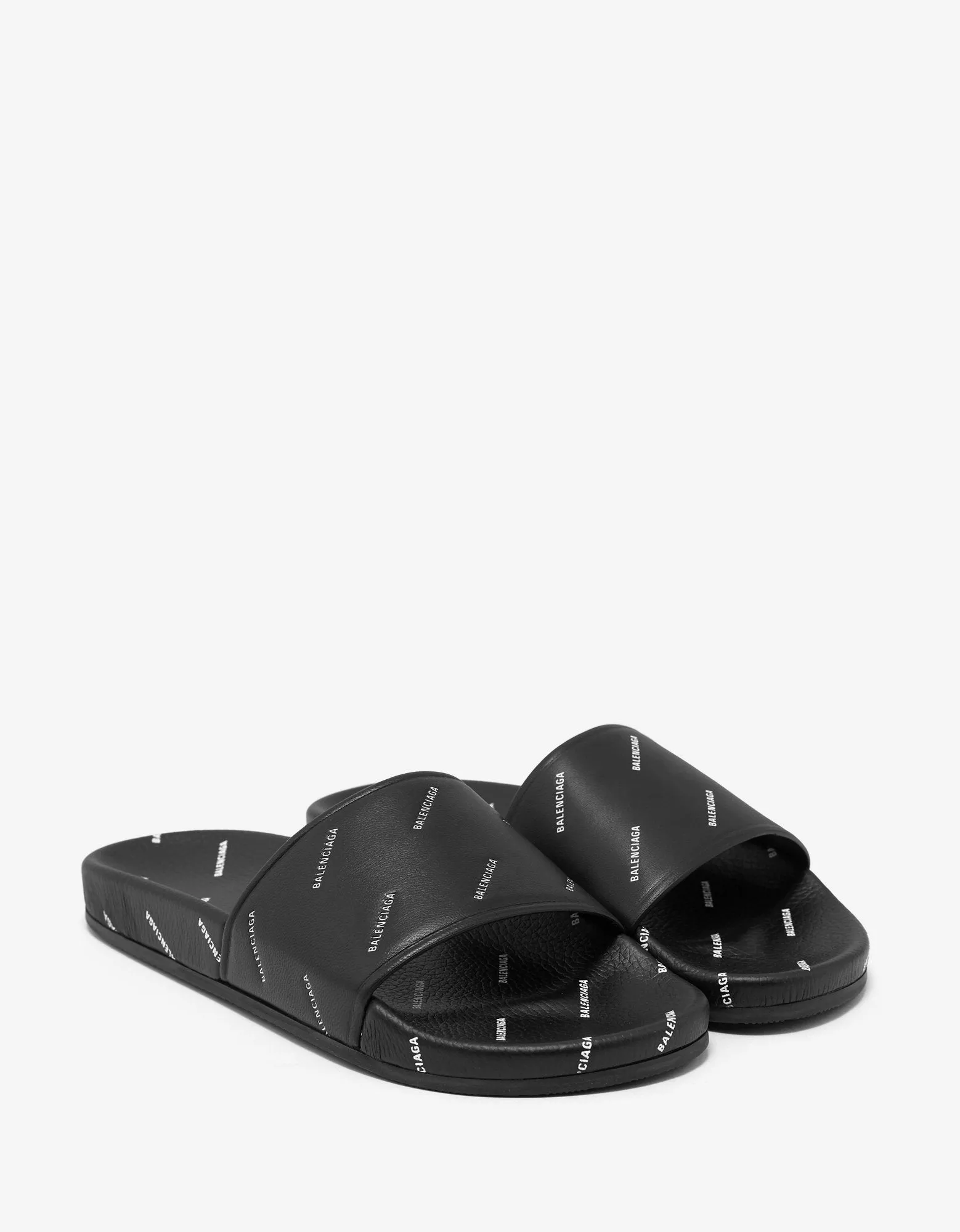 Black Leather All-Over Logo Slide Sandals -