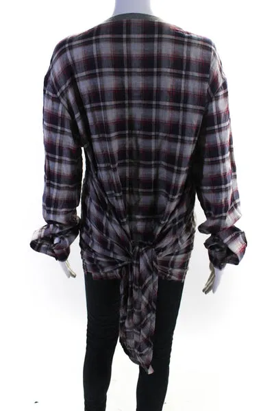 BLESS Nº68 Without Words Womens Plaid Flannel Scarfer Shirt Red Ivory Size Small