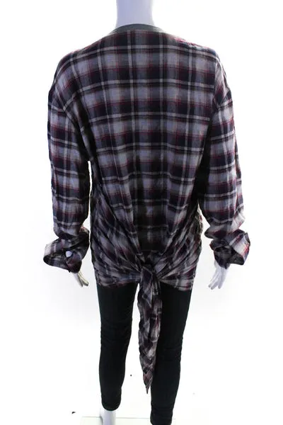 BLESS Nº68 Without Words Womens Plaid Flannel Scarfer Shirt Red Ivory Size Small