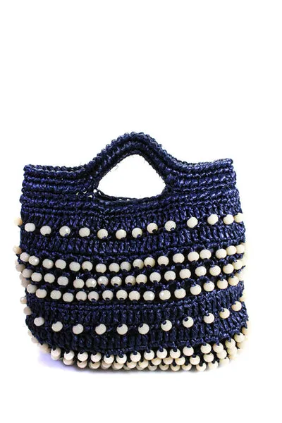 Caterina Bertini Womens Woven Beaded Open Top Small Tote Bag Navy Handbag