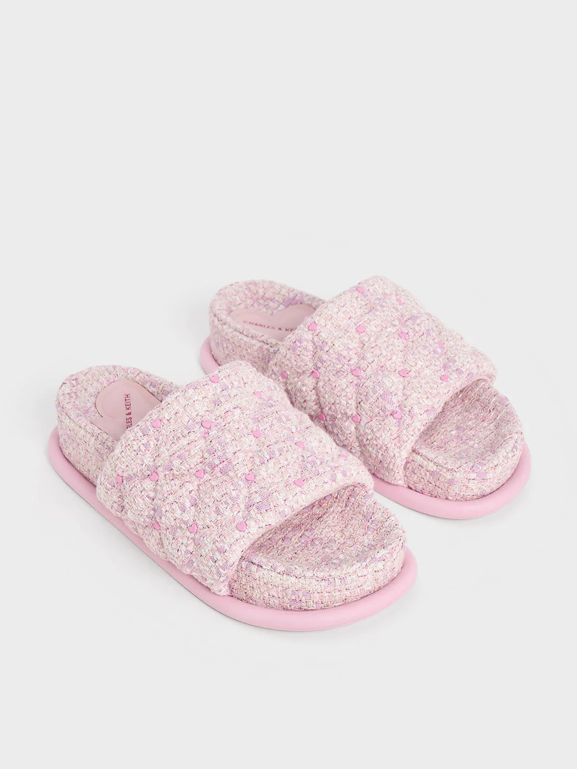 Dahlia Tweed Quilted Heart-Print Sandals - Pink