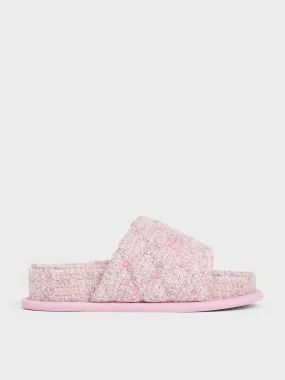 Dahlia Tweed Quilted Heart-Print Sandals - Pink