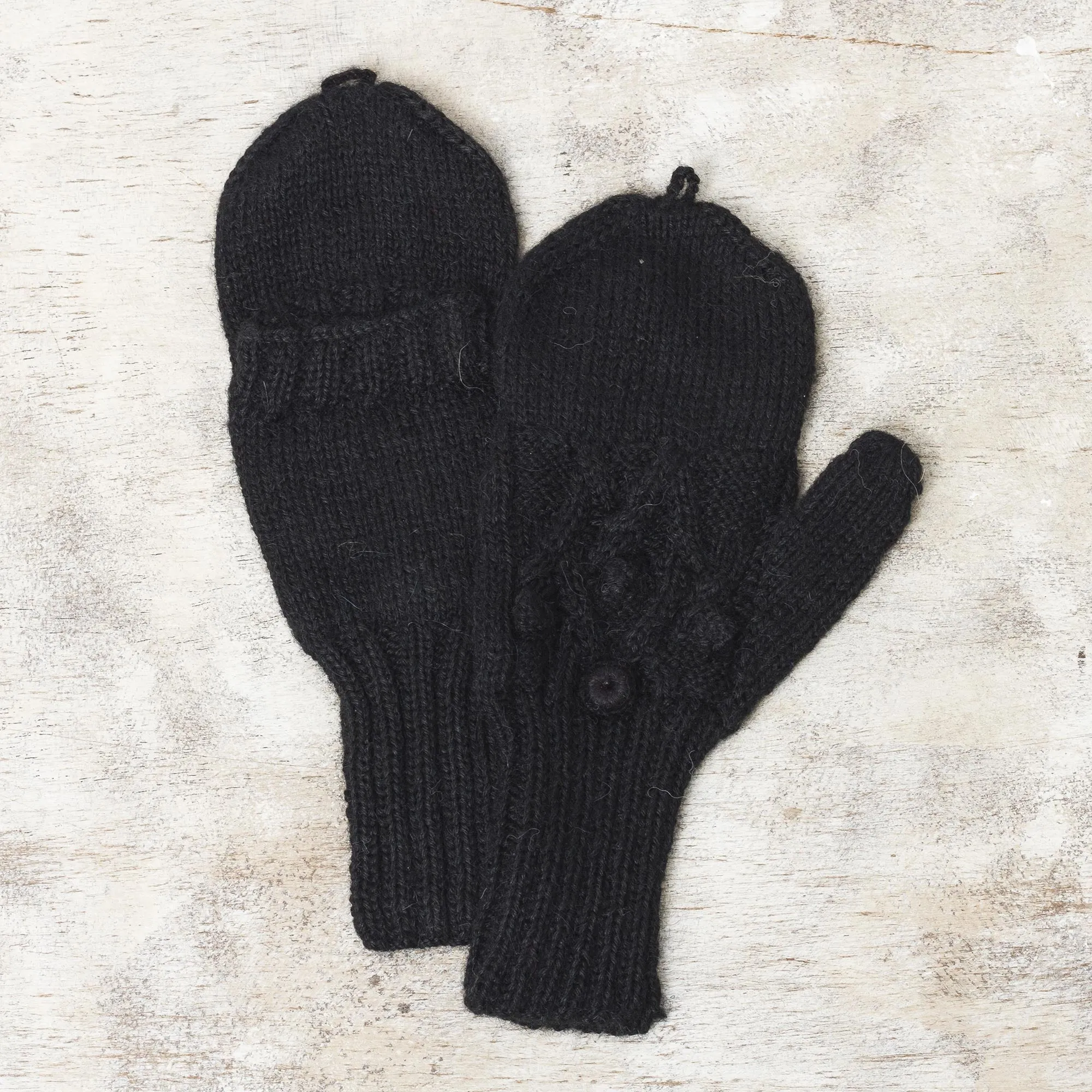 Diamond Elegance in Black Diamond Pattern 100% Alpaca Mittens in Black from Peru