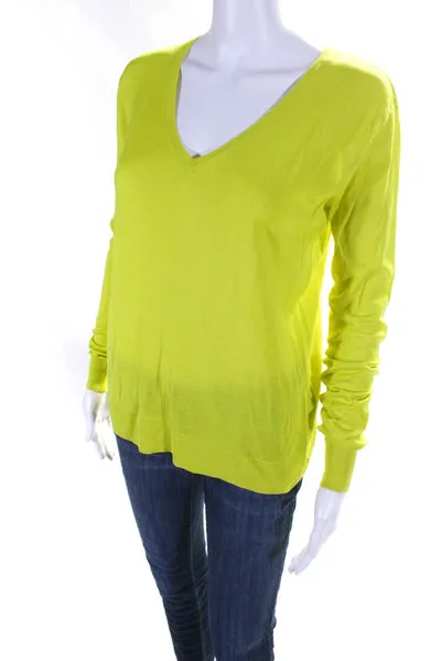 Equipment Femme Womens Silk Ribbed V-Neck Long Sleeve Sweater Top Green Size S