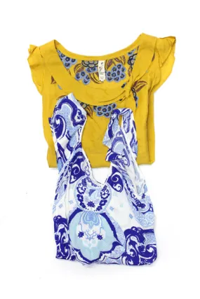 Floreat Maeve Women's Printed Ruffle Tops Yellow Blue Size 8 12 Lot 2