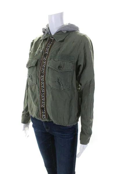 Free People Women's Hood Long Sleeves Button Down Jacket Olive Green Size XS