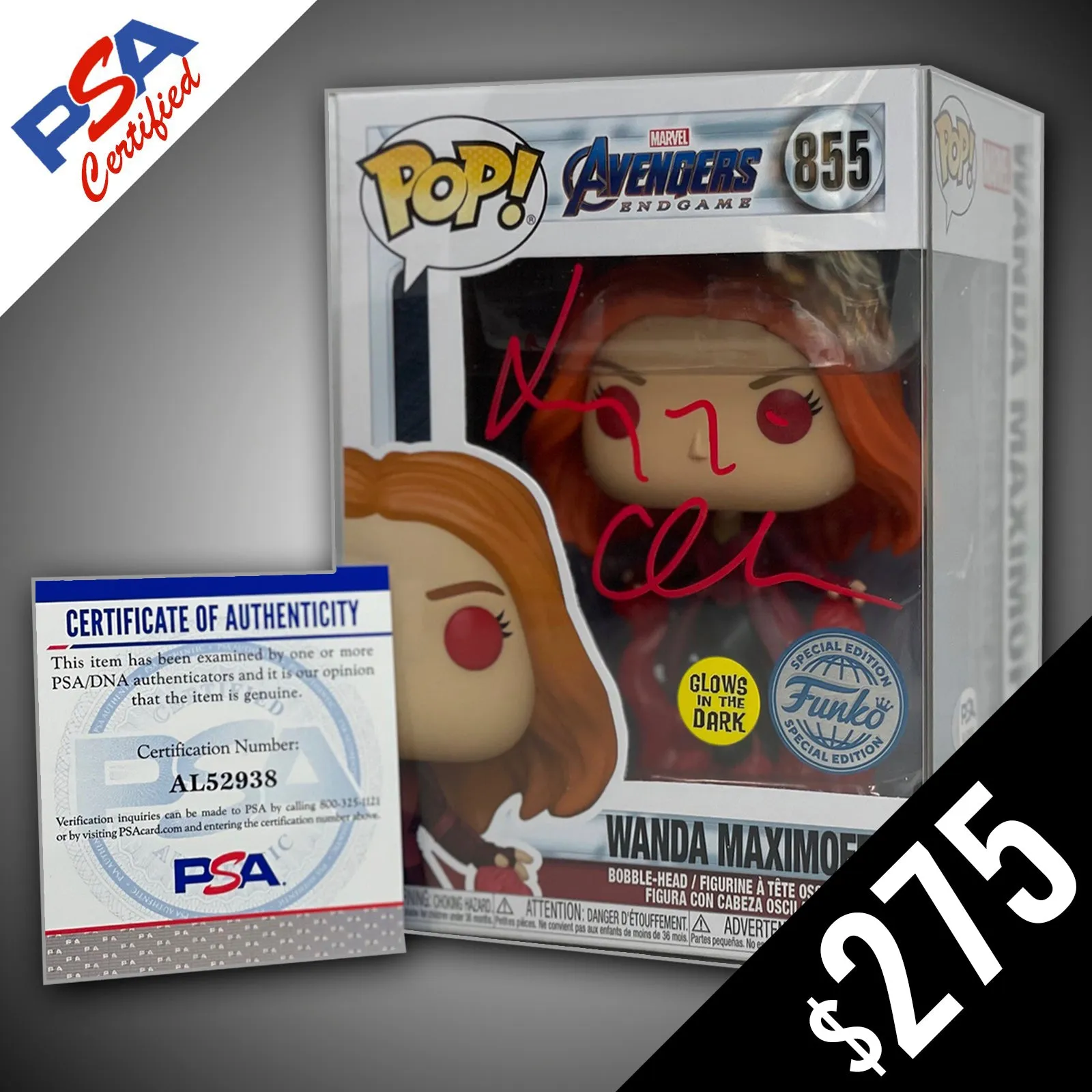 Funko Pop! Marvel: Avenger's Endgame: Wanda Maximoff #855 - SIGNED by Elizabeth Olsen (PSA Certified)