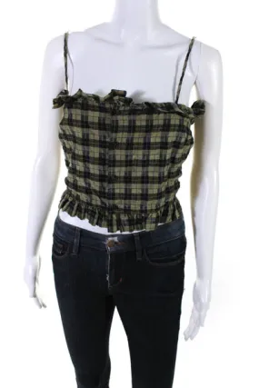 Ganni Womens Plaid Ruffled Spaghetti Strap Top Green Black Size 36 SKU 13374816