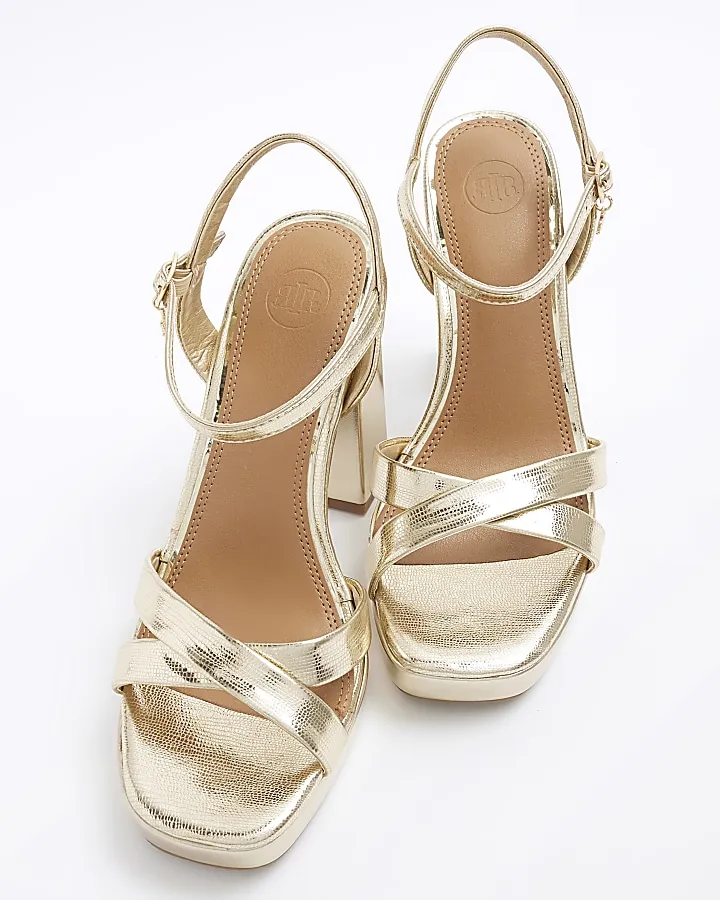 Gold wide fit crossed strap heeled sandals