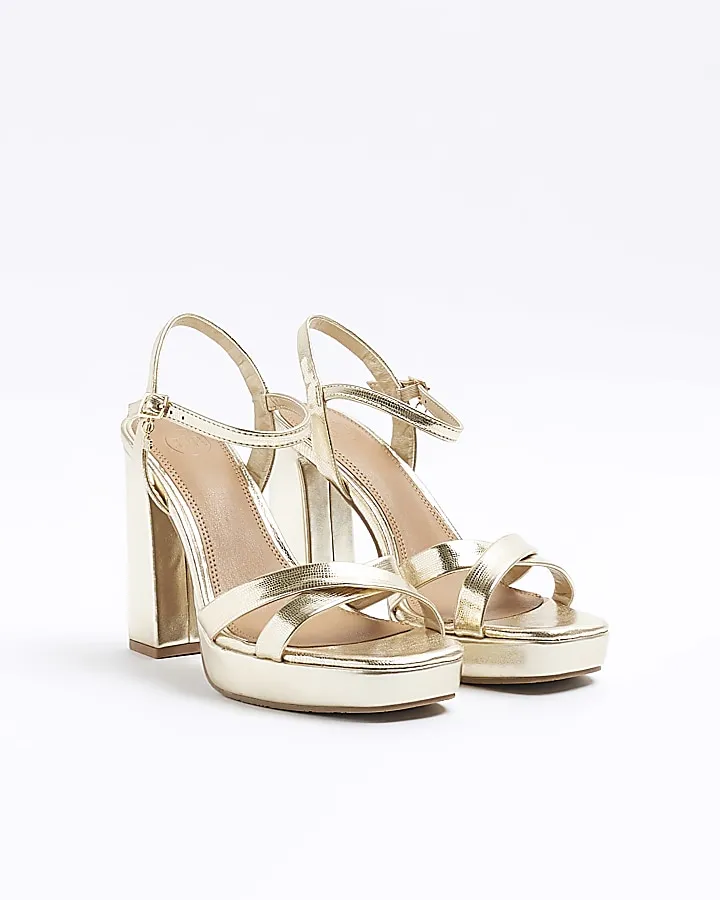 Gold wide fit crossed strap heeled sandals