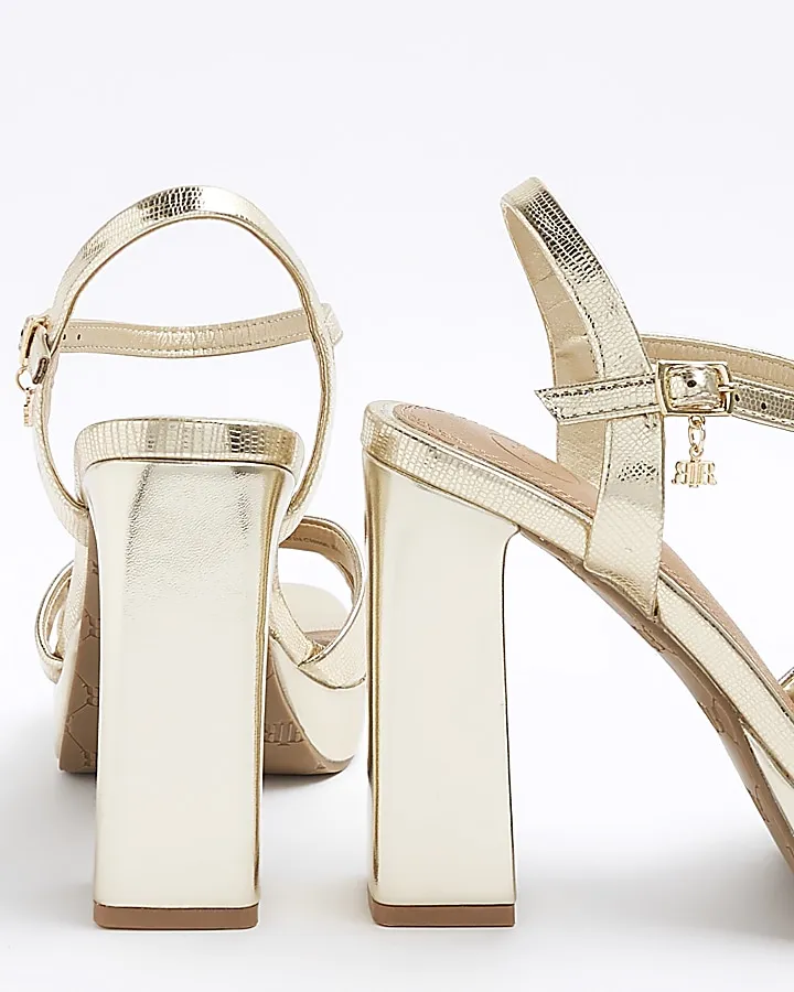 Gold wide fit crossed strap heeled sandals