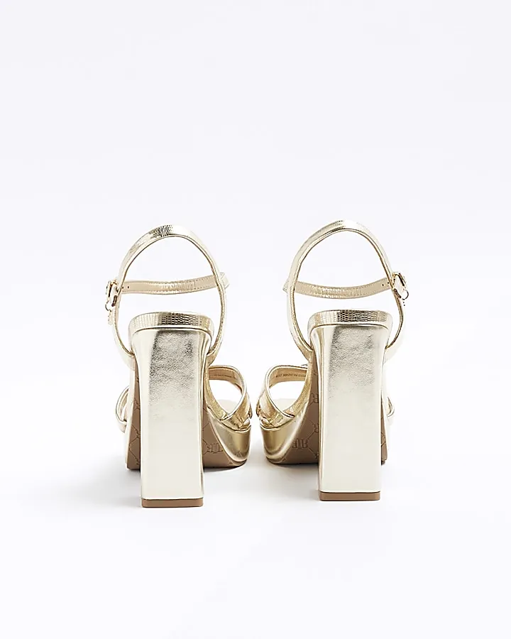 Gold wide fit crossed strap heeled sandals