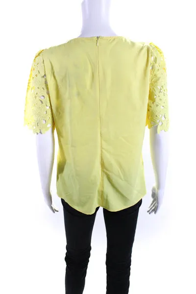 Goodnight Macaroon Womens Floral Lace Short Sleeve Back Zip Blouse Yellow Size 4