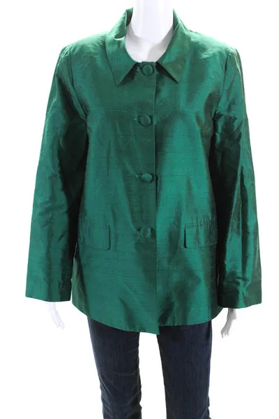 Henri Bendel Womens Silk Long Sleeve Collared Button Down Jacket Green Size M