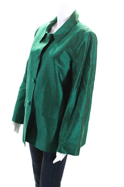 Henri Bendel Womens Silk Long Sleeve Collared Button Down Jacket Green Size M