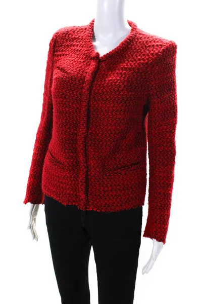 IRO Womens Refilia Chunky Woven Crew Neck Snap Jacket Red Black Size FR 40