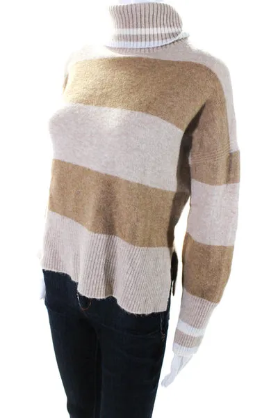 J Crew Womens Knit Striped Print Split Hem Turtleneck Sweater Top Beige Size 2XS