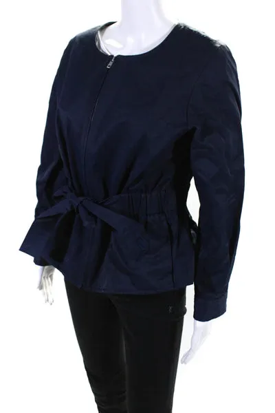 J Crew Womens Navy Blue Crew Neck Belted Full Zip Long Sleeve Jacket Size M