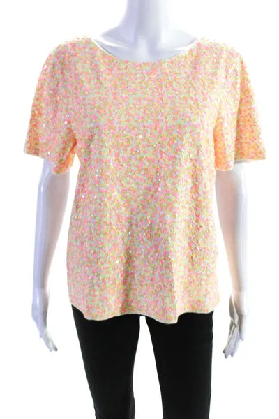 J Crew Womens Short Sleeve Crew Neck Sequin Tee Shirt Blouse Pink Orange Large