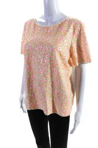 J Crew Womens Short Sleeve Crew Neck Sequin Tee Shirt Blouse Pink Orange Large