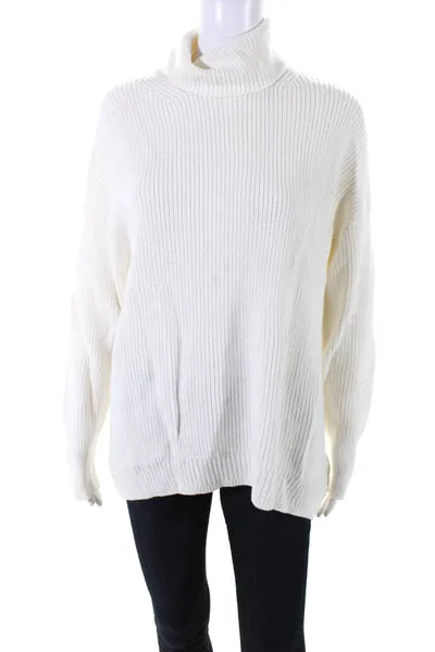 J Crew Womens White Cotton Ribbed Knit Turtleneck Pullover Sweater Top Size L