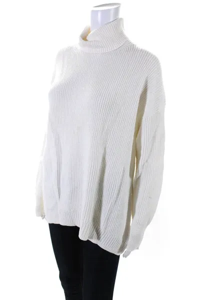 J Crew Womens White Cotton Ribbed Knit Turtleneck Pullover Sweater Top Size L