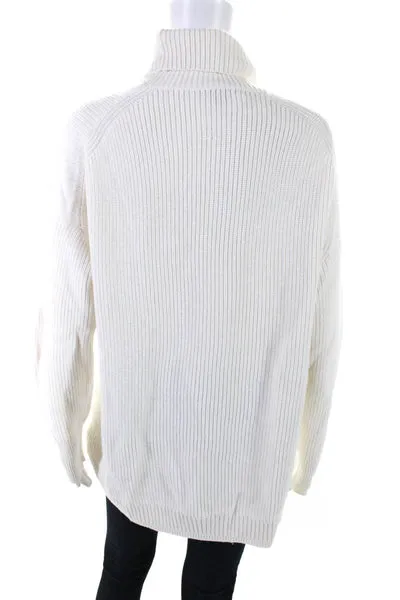 J Crew Womens White Cotton Ribbed Knit Turtleneck Pullover Sweater Top Size L