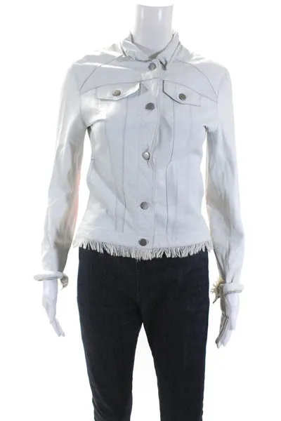 JKT Womens Leather Collared Frayed Hem Button Down Short Jacket White Size XS