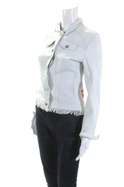 JKT Womens Leather Collared Frayed Hem Button Down Short Jacket White Size XS