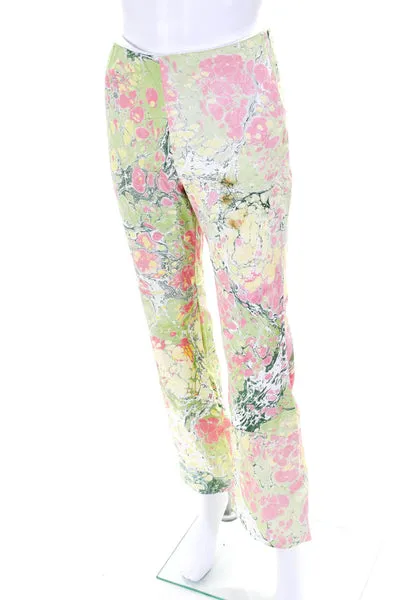 Lefty Womens Elastic Waist Marbled Print Flare Pants Pink Yellow Green Size XS