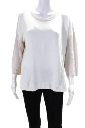 Lilla P Womens Cotton Linen Blend 3/4 Sleeve Crewneck Sweater Beige White Size L