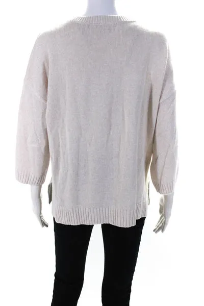 Lilla P Womens Cotton Linen Blend 3/4 Sleeve Crewneck Sweater Beige White Size L