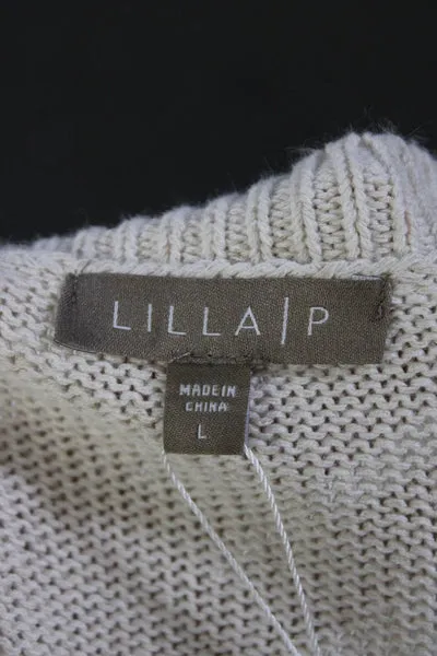 Lilla P Womens Cotton Linen Blend 3/4 Sleeve Crewneck Sweater Beige White Size L