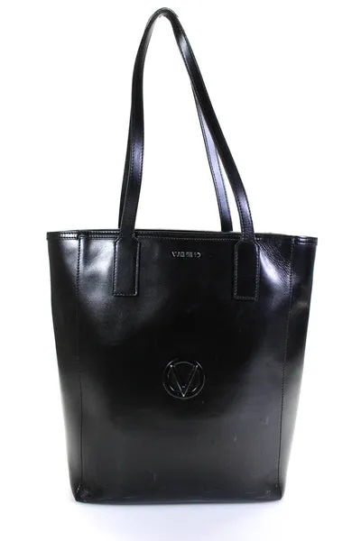 Mario Valentino Womens Logo Detail Large Leather Shoulder Bag Tote Handbag Black