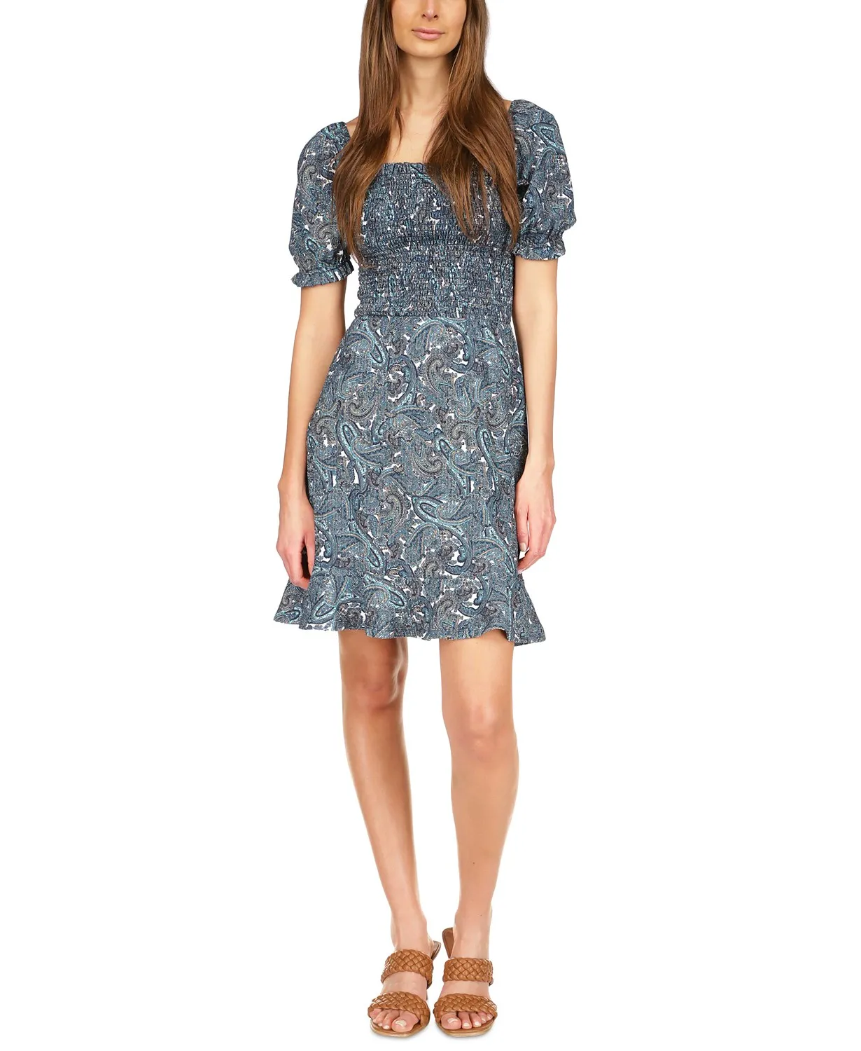 MICHAEL Michael Kors Women’s Blue Paisley Smocked Ruffled Mini Dress