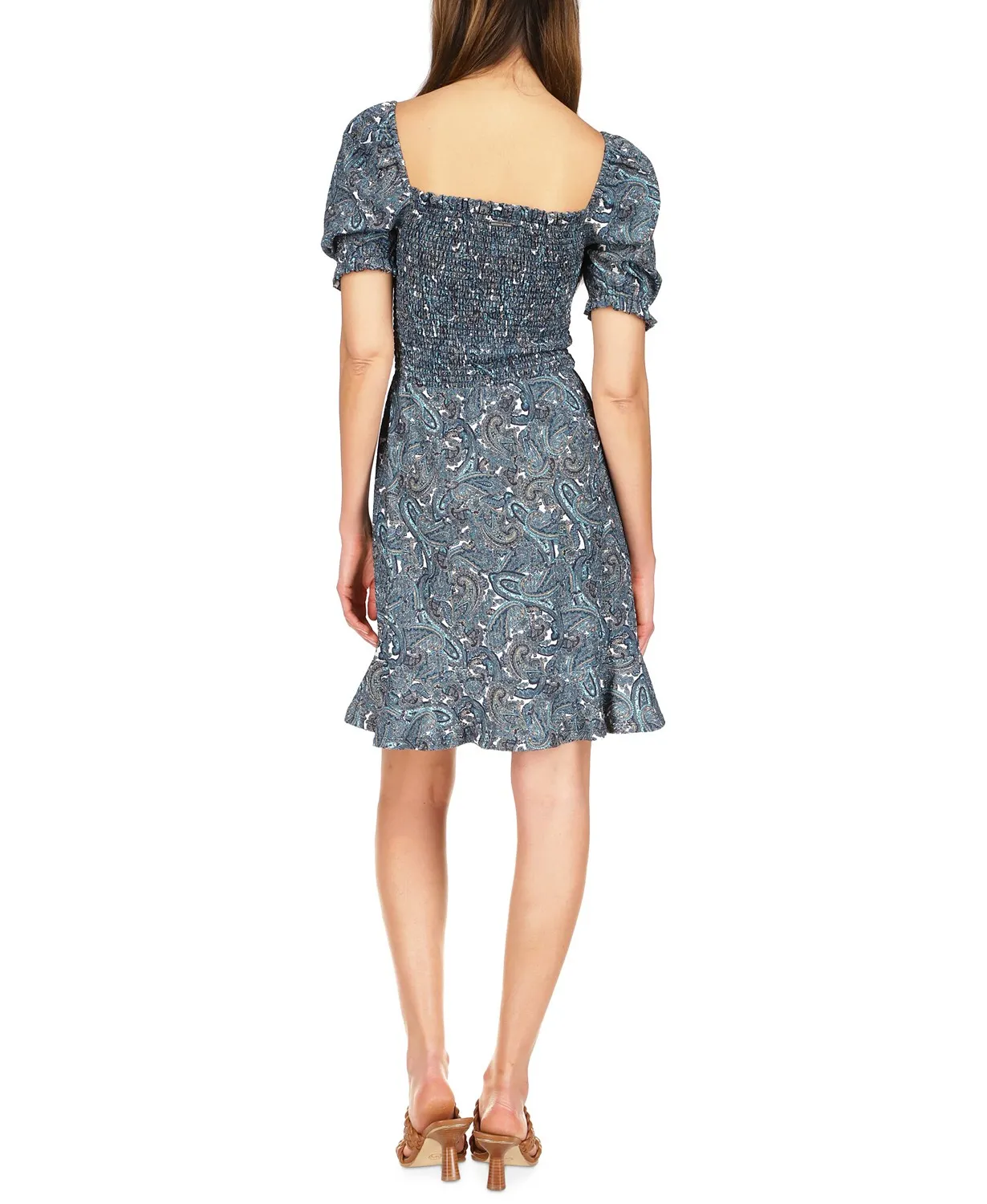 MICHAEL Michael Kors Women’s Blue Paisley Smocked Ruffled Mini Dress