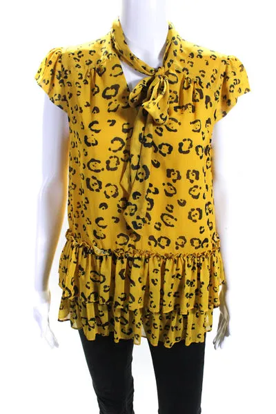 Nicole Miller Womens Yellow Yellow Leopard Tie Blouse Size 4 13968843