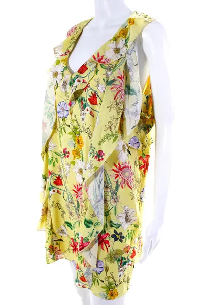 Parker Womens Floral Cold Shoulder V Neck Ruffled Dress Yellow Green Size S