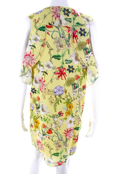 Parker Womens Floral Cold Shoulder V Neck Ruffled Dress Yellow Green Size S