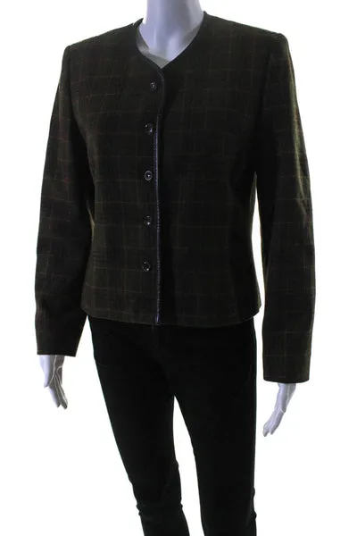 Pendleton Womens Wool Leather Trim Plaid Button Down Jacket Green Size 6