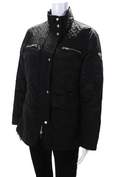 Postcard Womens Button Zip Front Quilted Trim Light Jacket Black Size 10