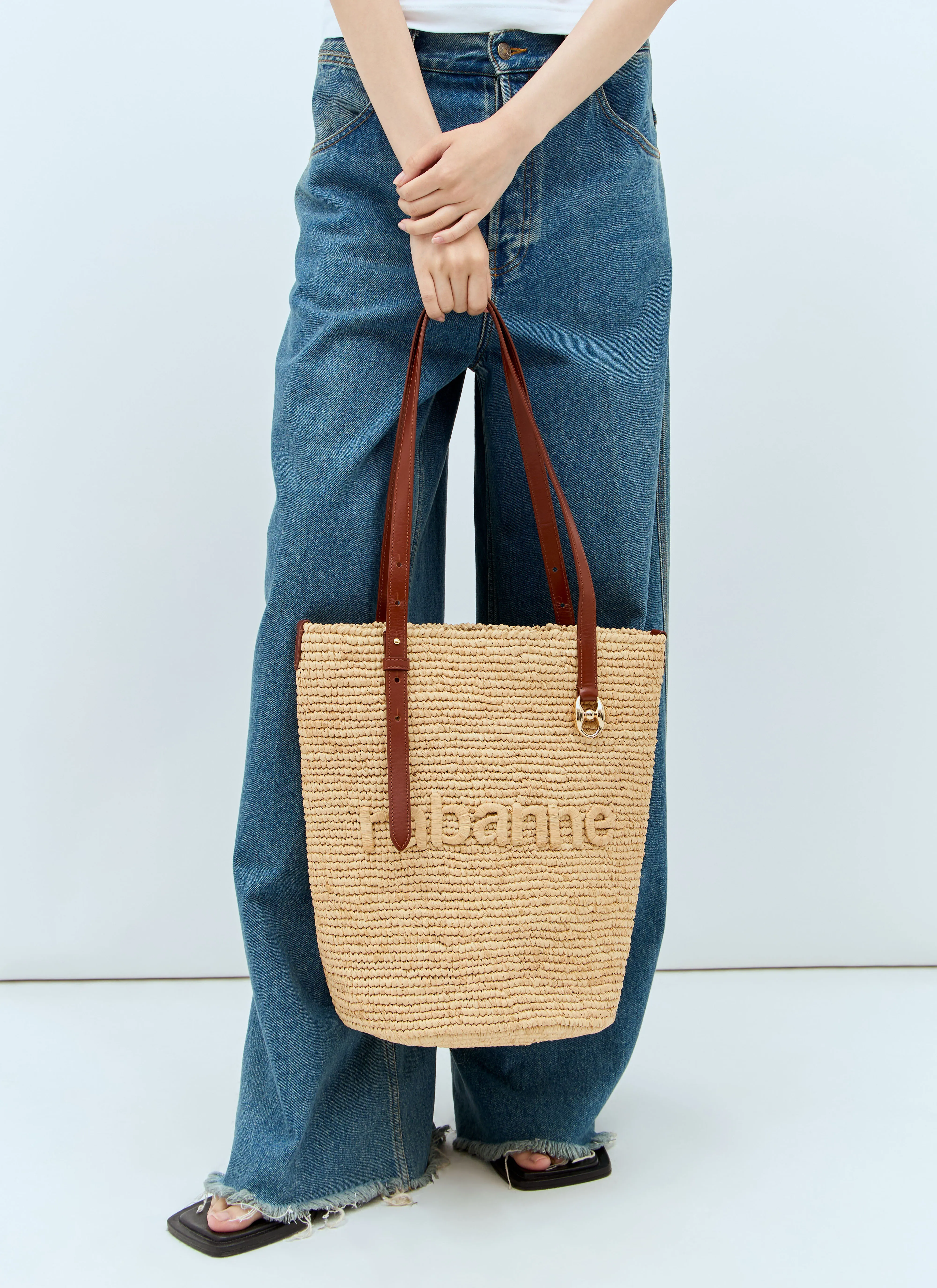 Rabanne Embossed Logo Raffia Tote Bag