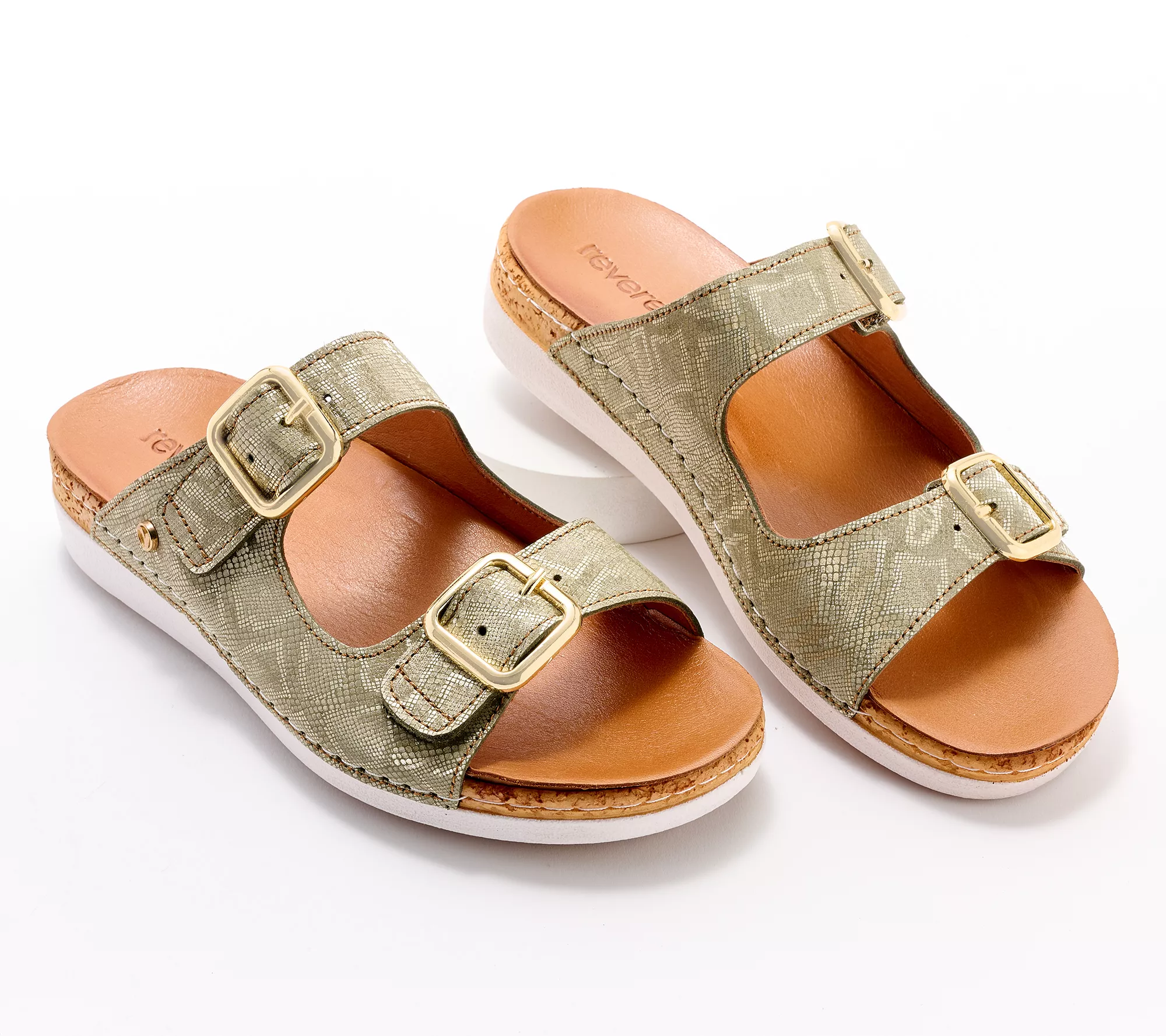 Revere Leather Double Buckle Slide Sandals Brighton