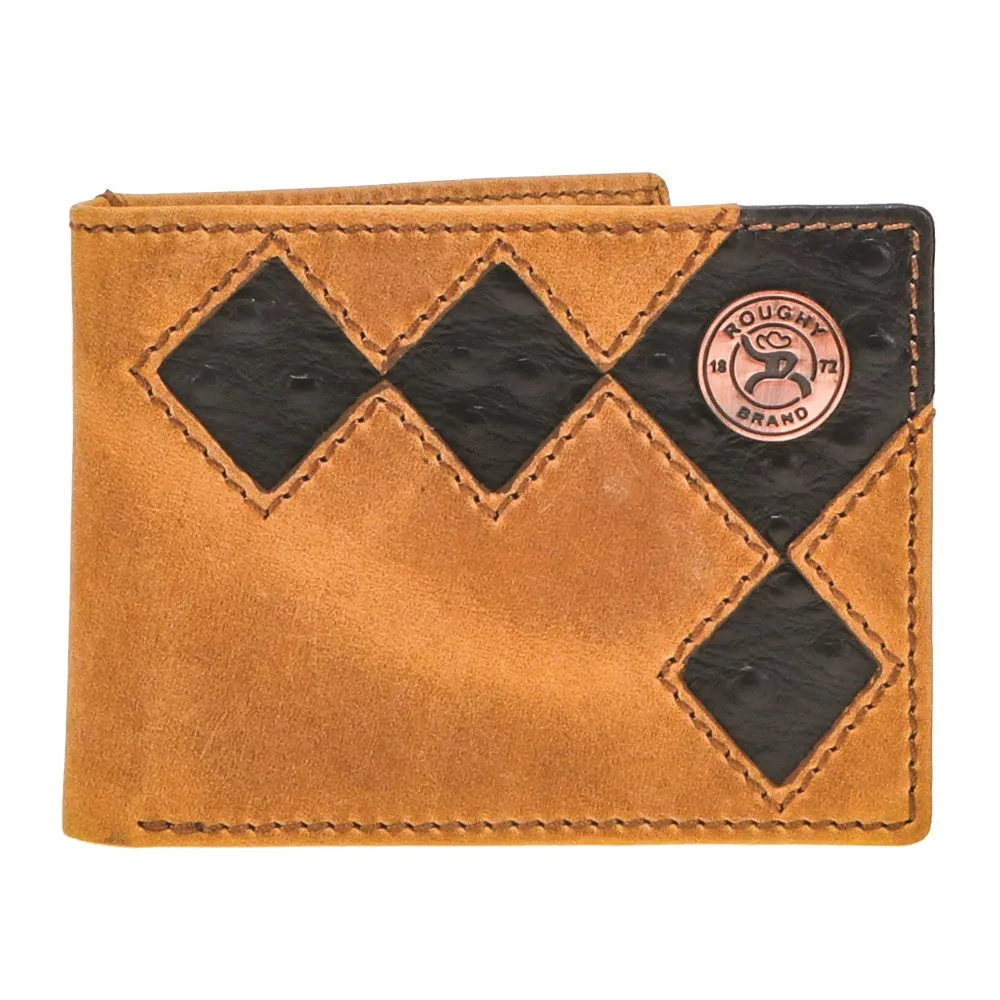 RFBF006-BRBK Diamond Patchwork Cutout Bi-Fold Wallet w/ Black Ostrich Print