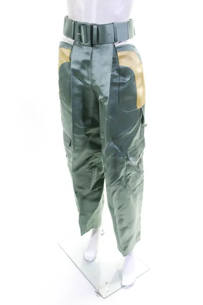 Rosie Assoulin Womens Color Block Satin Belted Cargo Pants Green Yellow Size 2