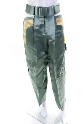 Rosie Assoulin Womens Color Block Satin Belted Cargo Pants Green Yellow Size 2