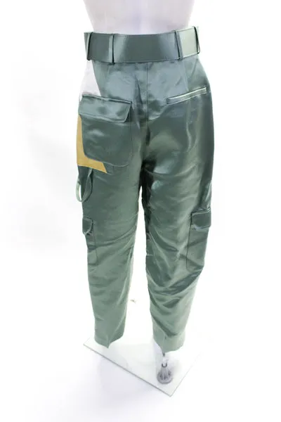 Rosie Assoulin Womens Color Block Satin Belted Cargo Pants Green Yellow Size 2