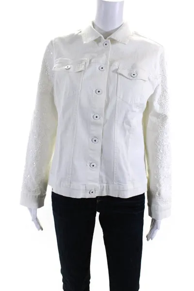 Selesty Womens White Beaded Collar Button Down Long Sleeve Denim Jacket Size 44